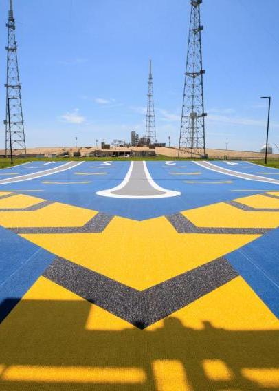 Blue and yellow painted landing strip